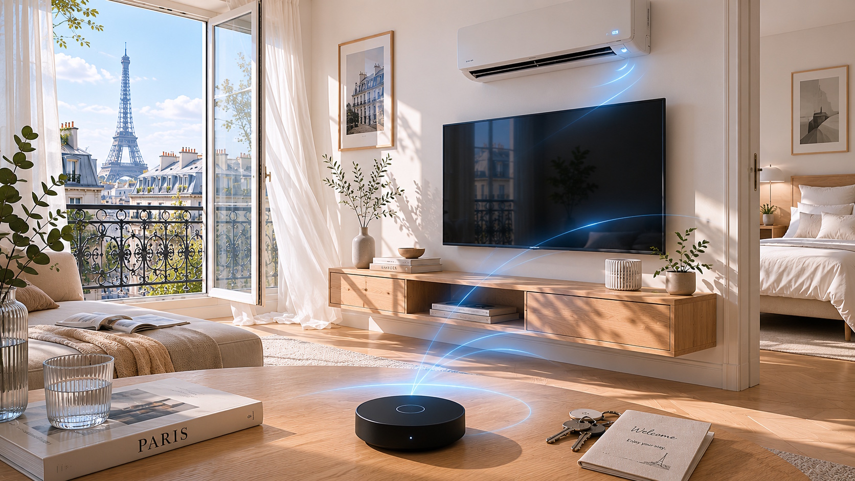 Smart home system designed for contemporary Airbnb apartments and short-term rental spaces